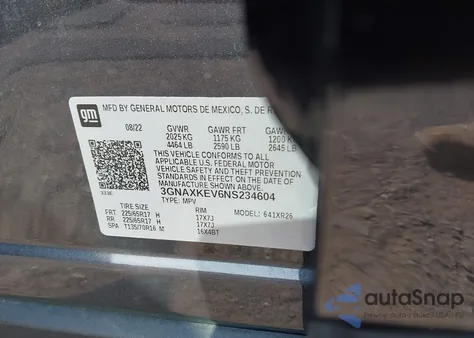 2022 Chevrolet Equinox Fwd Lt z USA, uszkodzony, nr VIN 3GNAXKEV6NS234604